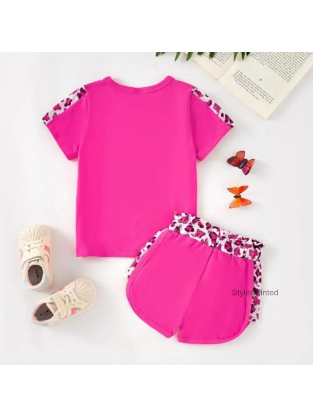 Toddler Girl 2PC Leopard Butterfly Top & Shorts Set Cotton Spandex
